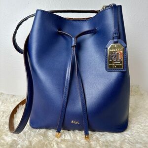 Ralph Lauren Navy Blue & Tan Leather Gold Hardware Shoulder Drawstring Bag